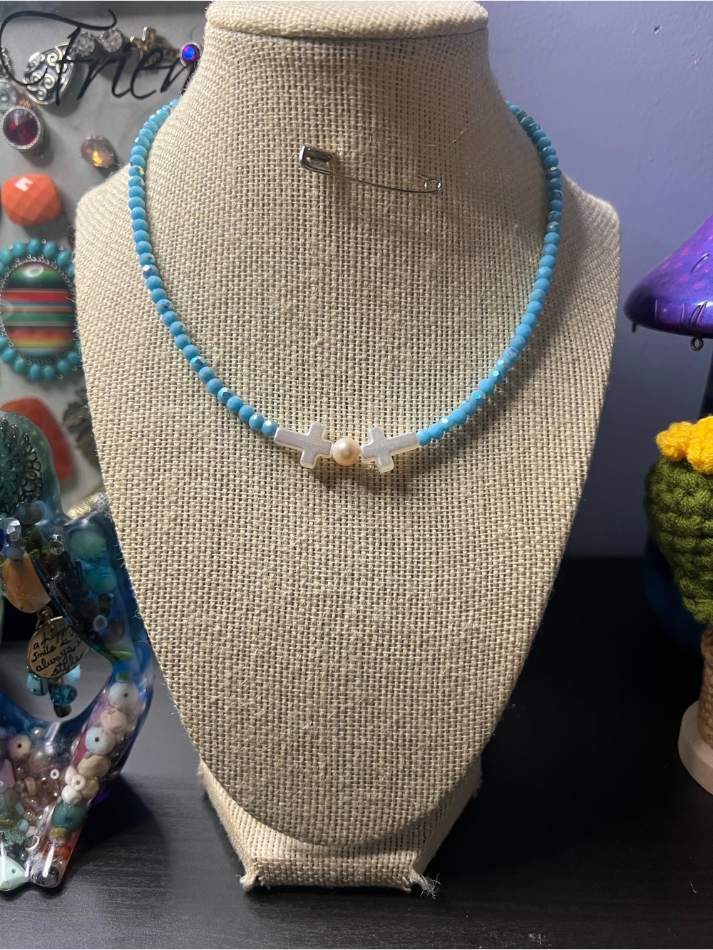 #210. Handmade Turquoise Beaded Cross Choker Necklace with Pearl Accent
